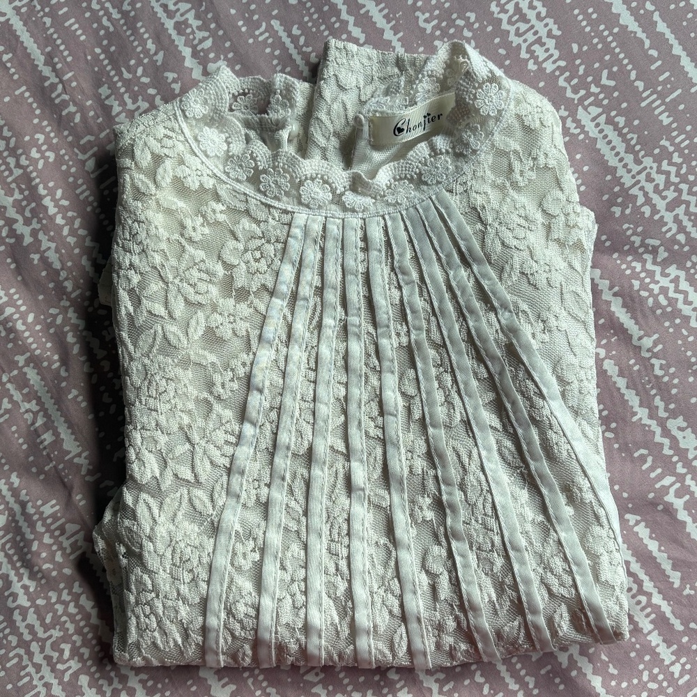 Lace Long Sleeve Top High Doily Neck
